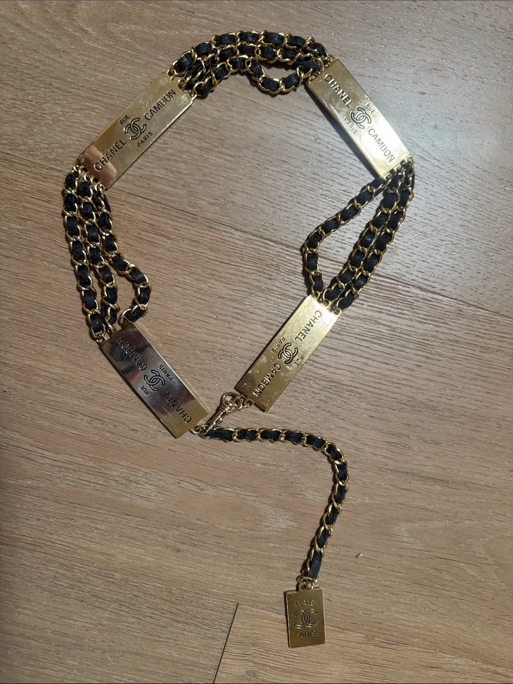 CHANEL Black and Gold Chain-Link Logo Plate Belt